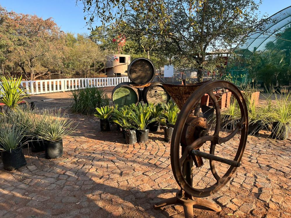 Rustic farm equipment display